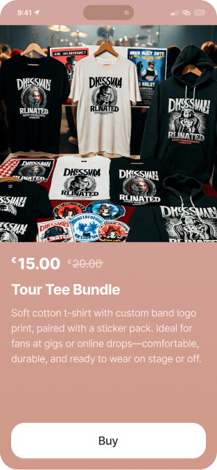 nanocart.app: Your Selling page for your band merch: tour tee bundle featuring band t-shirts, hoodies, and stickers