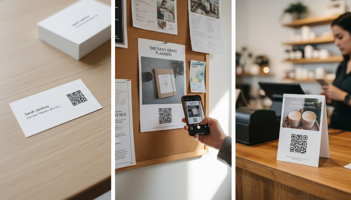 Real world QR code usage examples - business cards, flyers, local shops